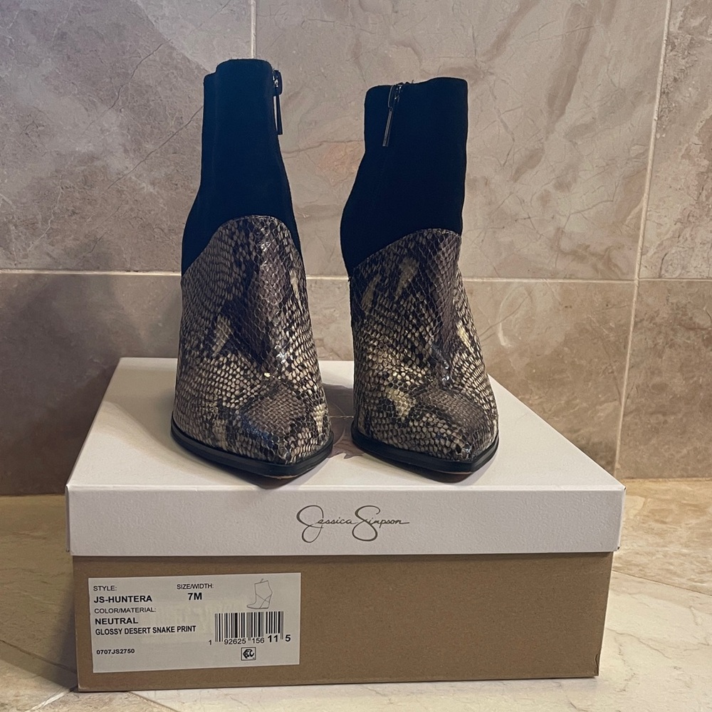 Jessica Simpson Black and Brown Snake Print Heeled Boots